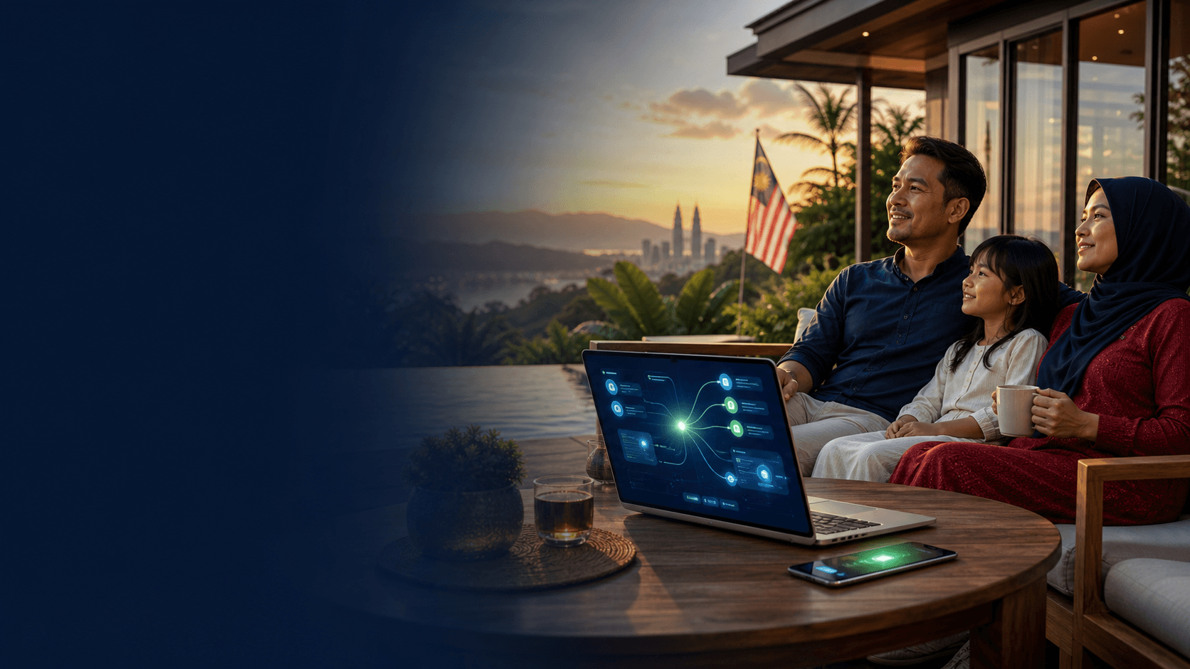 Keluarga Malaysia menikmati masa bersama sementara sistem pendapatan AI berjalan pada laptop