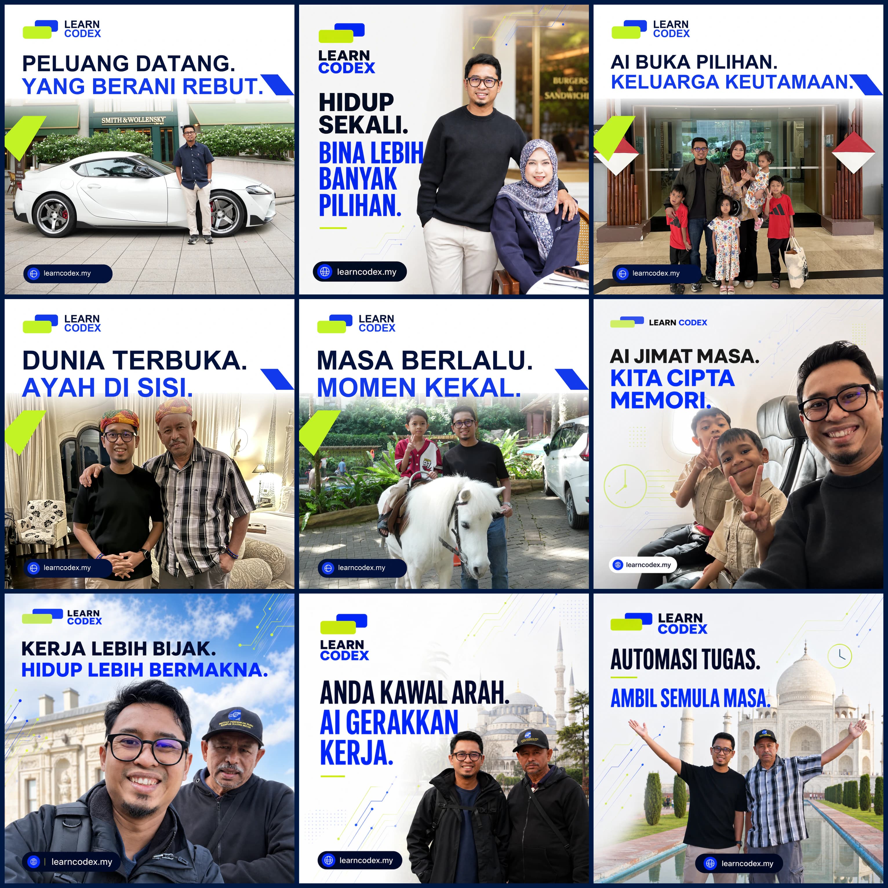 Gabungan sembilan poster Learn Codex tentang peluang, masa, kerja dan keluarga