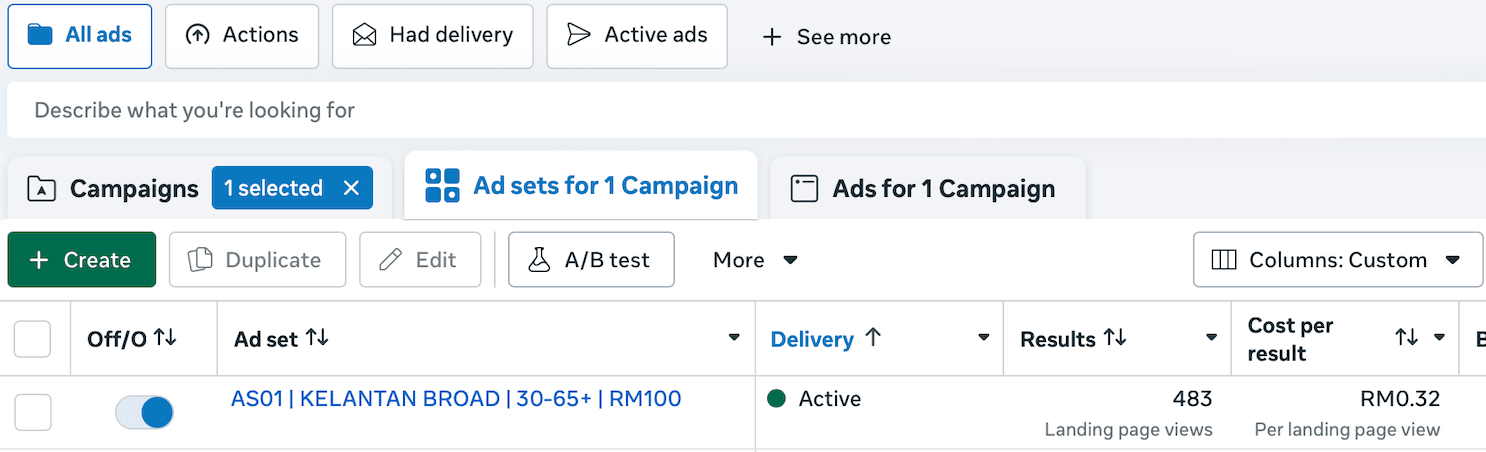 Kempen Facebook Ads aktif dengan landing page views