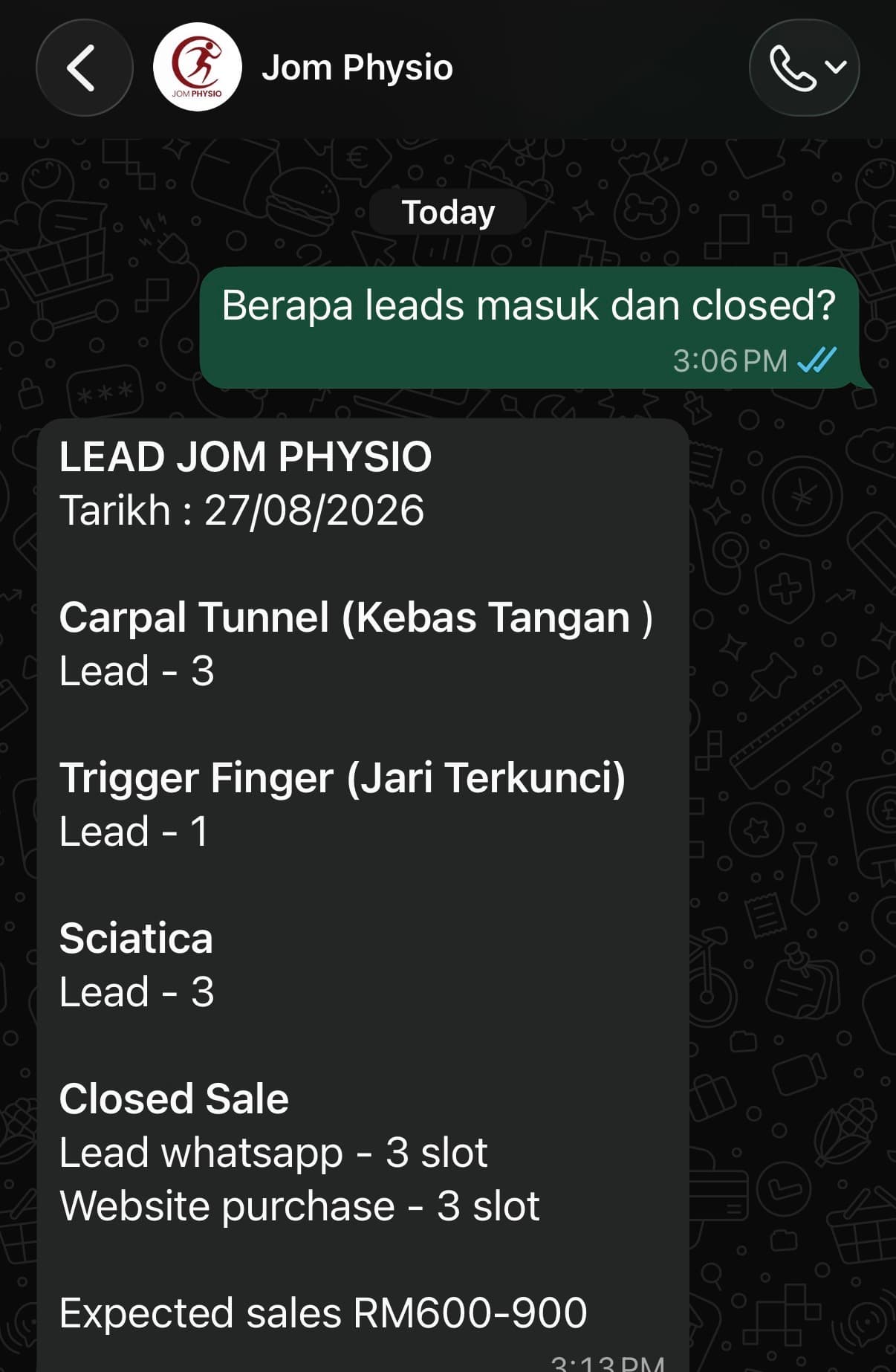 Ringkasan lead pelanggan melalui WhatsApp dan website