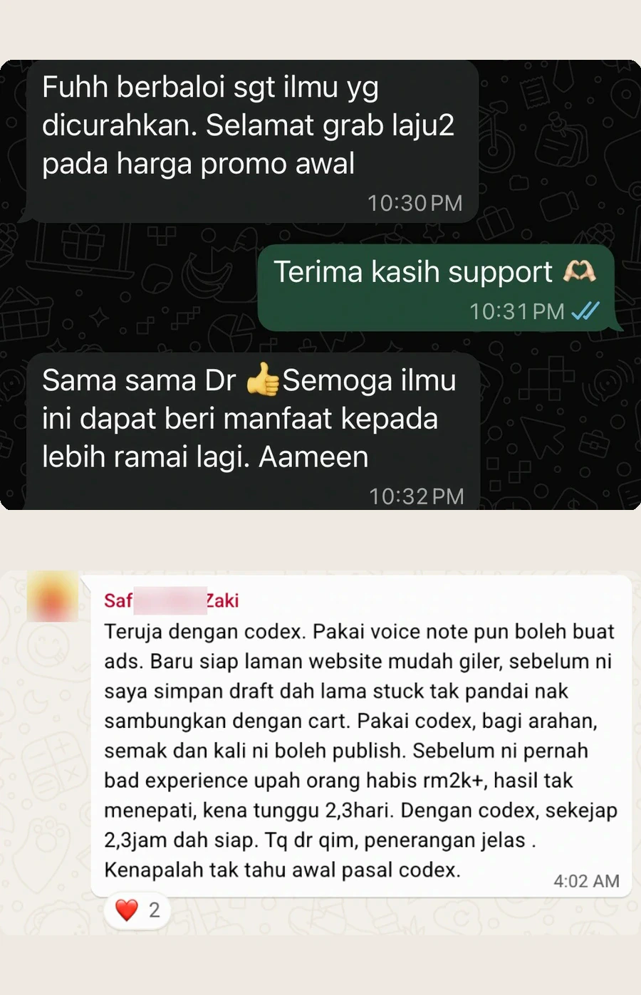 Screenshot sebenar testimoni WhatsApp: pemilik bisnes