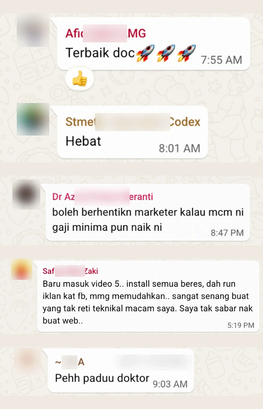 Screenshot sebenar testimoni WhatsApp: pelajar master codex