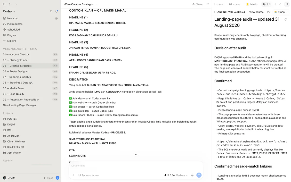 Paparan workflow Creative Strategist dan audit landing page dalam Codex