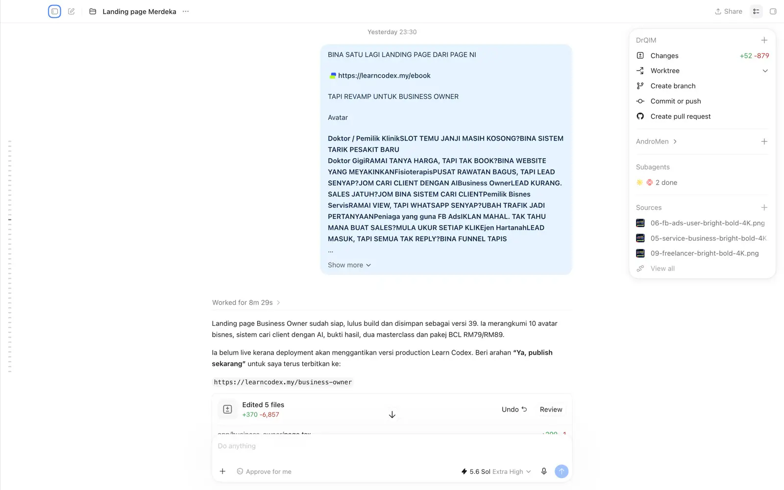 Codex menyiapkan landing page business owner