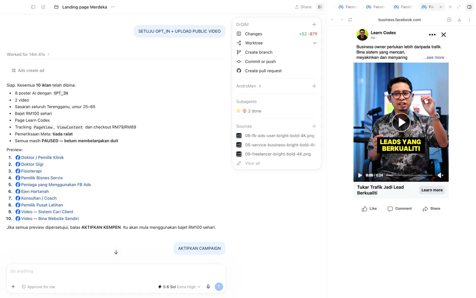 Sepuluh iklan Facebook dibina menggunakan Codex