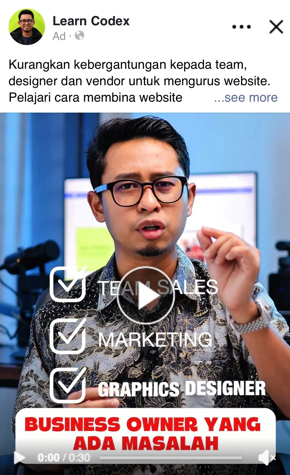 Iklan video Learn Codex untuk business owner aktif di Facebook
