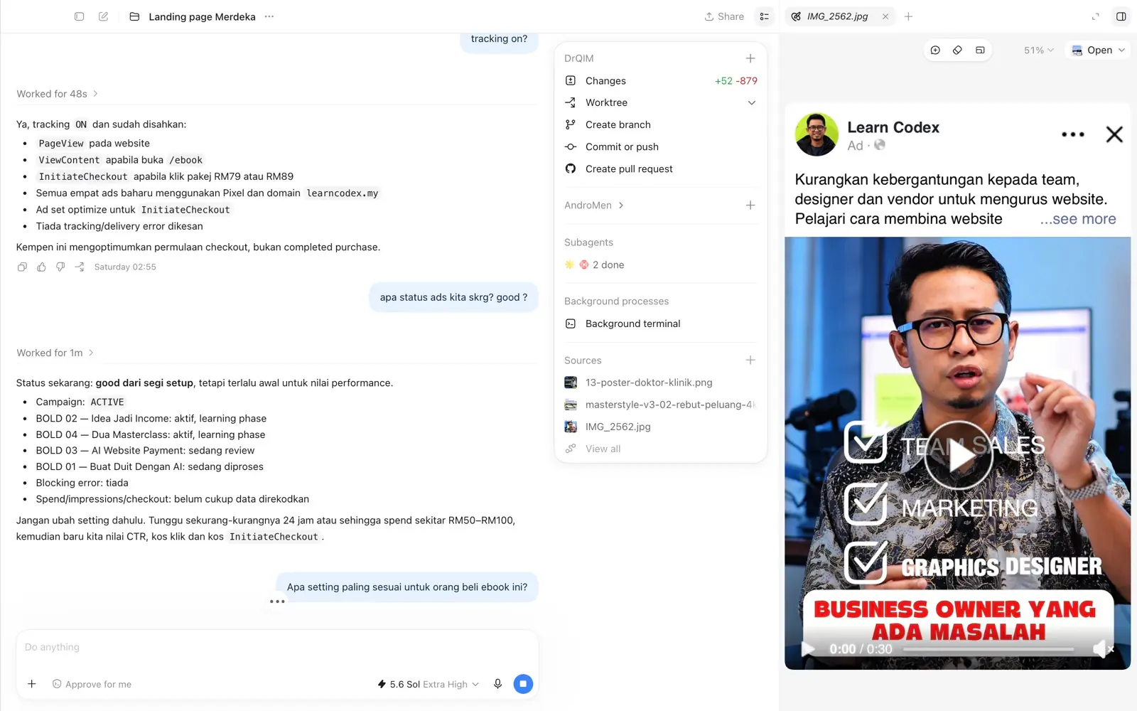 Codex memantau tracking, setup dan status prestasi iklan Facebook