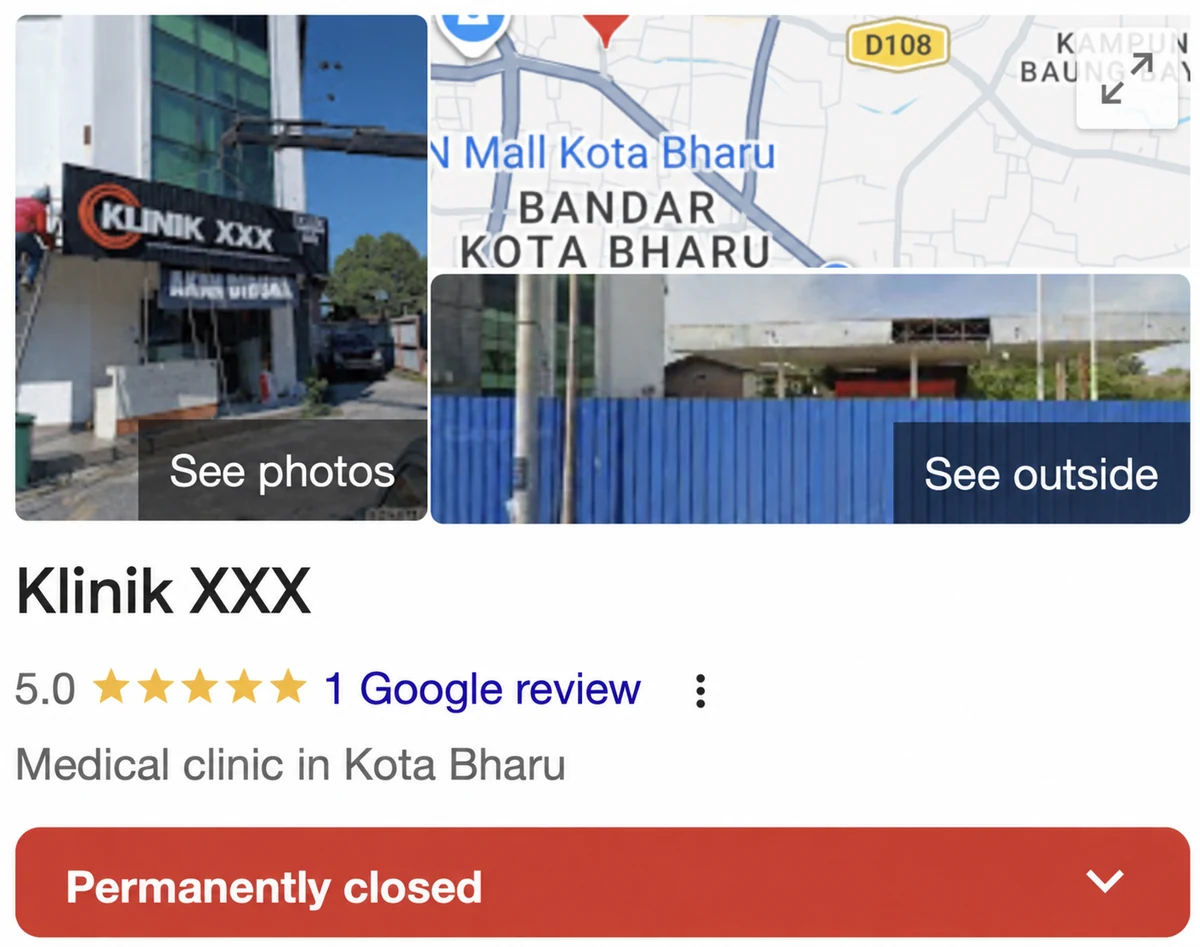 Screenshot klinik sebelum diambil alih, nama dianonimkan kepada Klinik XXX, berstatus permanently closed