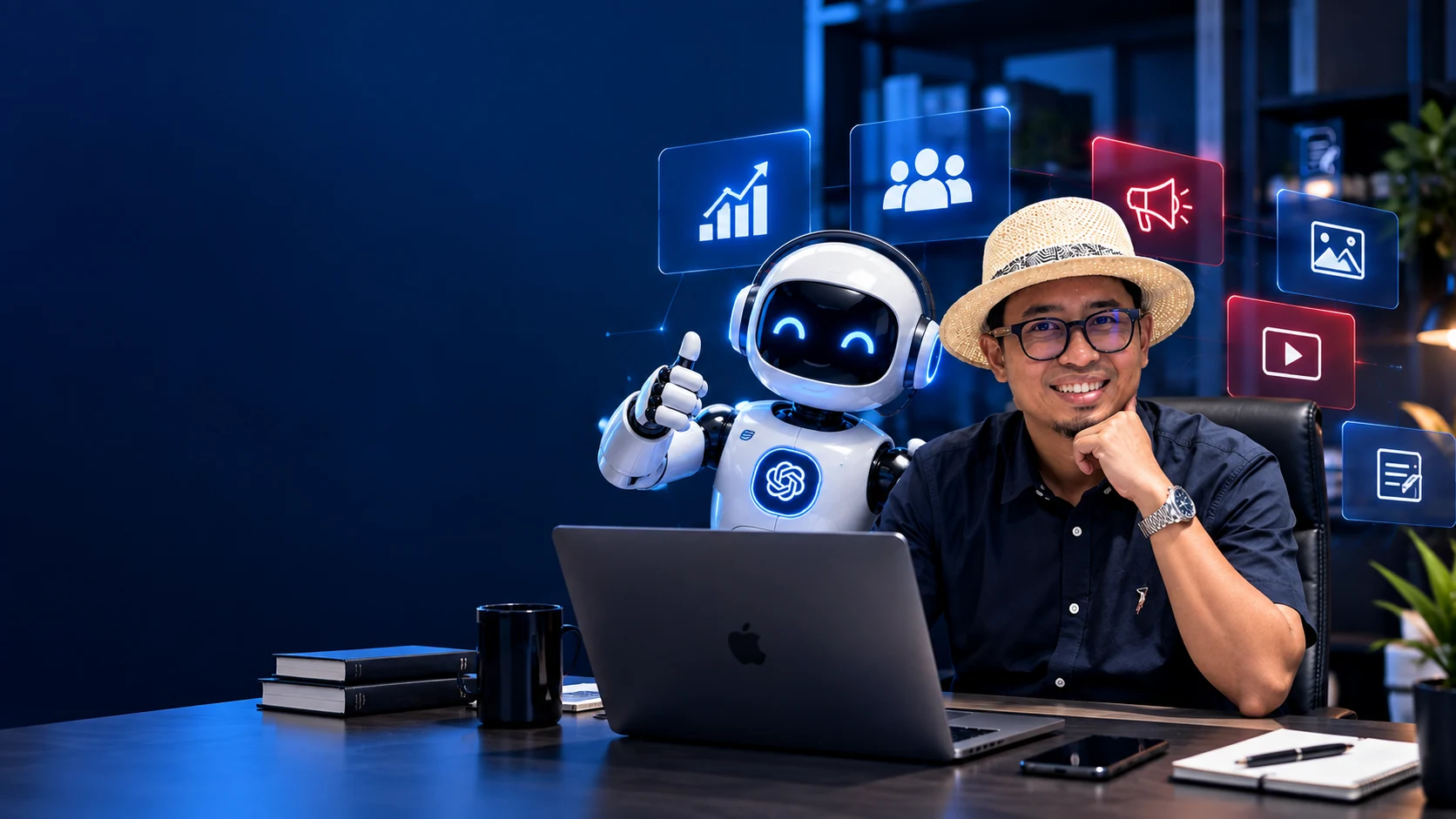 DrQIM bersama robot AI di meja kerja marketing