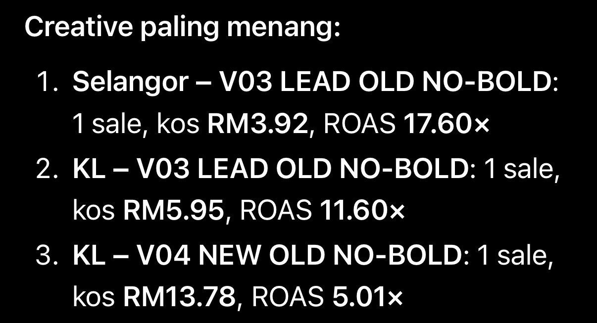 Petikan laporan creative: Selangor V03 satu jualan kos RM3.92, KL V03 satu jualan kos RM5.95 dan KL V04 satu jualan kos RM13.78